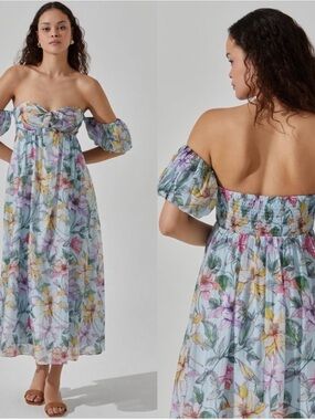 Astr Off-Shoulder Floral Midi Dress in Pastel Blue Multi (NEW with tags)